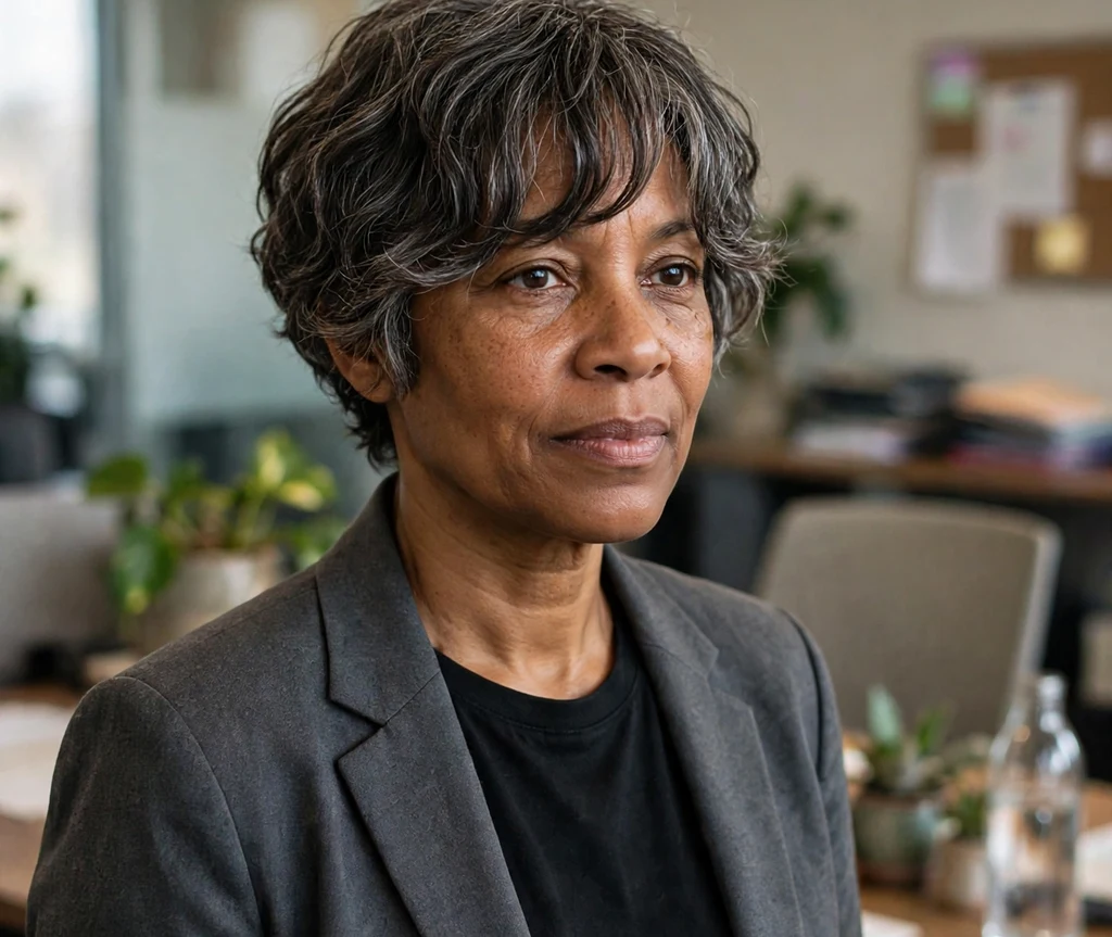 Woman with curtain bangs on a wavy salt and pepper pixie cut in an office