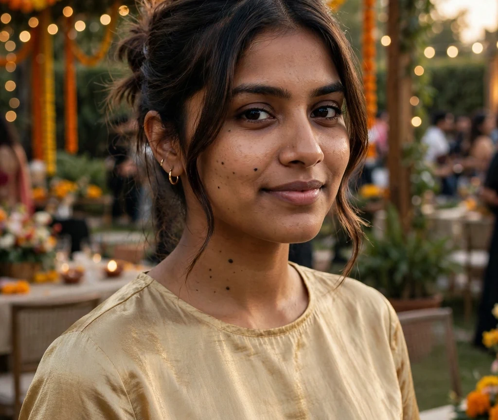 Woman with curtain bangs and a center parted dark brown updo at a festive event