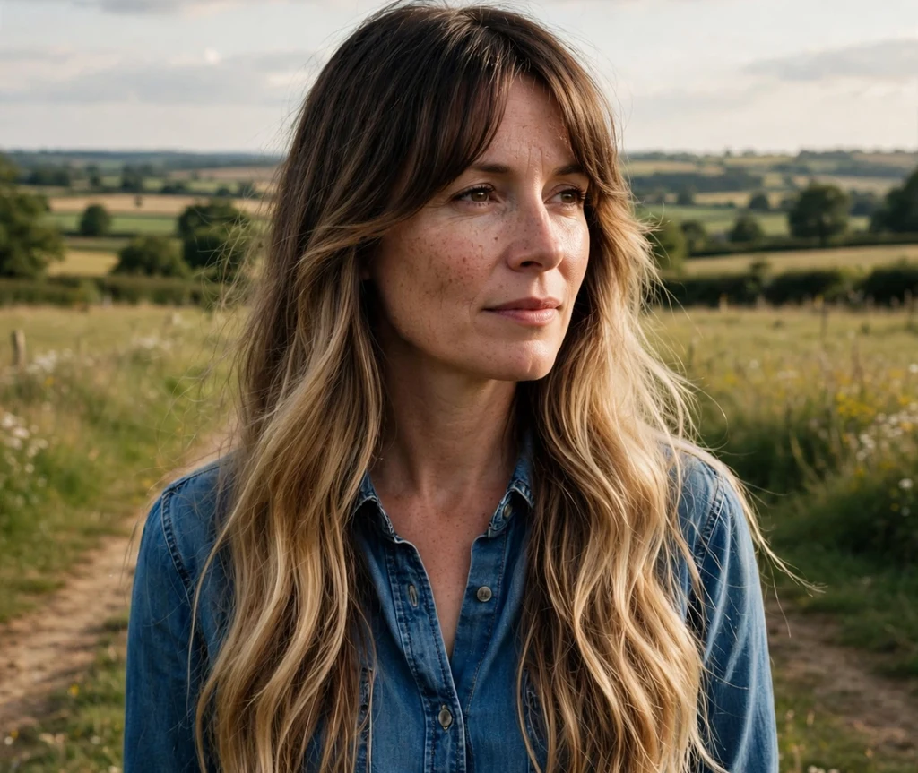 Woman with curtain bangs on long ombre brown to blonde hair in the countryside