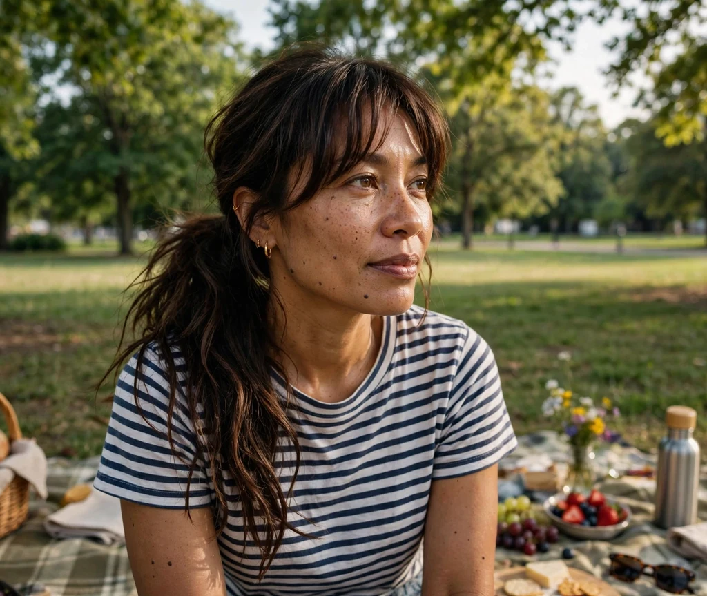 Woman with curtain bangs and a messy dark brown side ponytail at a picnic