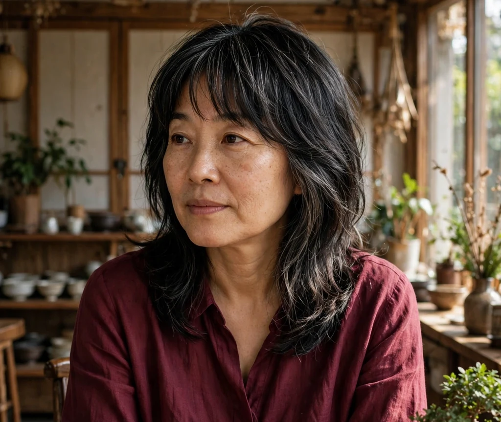 Woman with curtain bangs on a layered black midi cut with subtle gray in a tea house