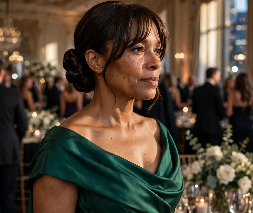 Woman with curtain bangs and a polished dark brown chignon at a gala
