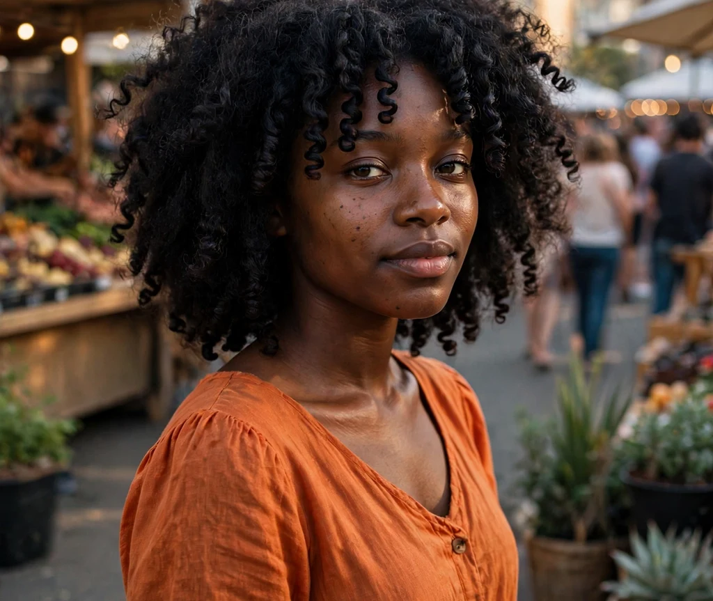Woman with coily curtain bangs on natural black coily hair at a street festival