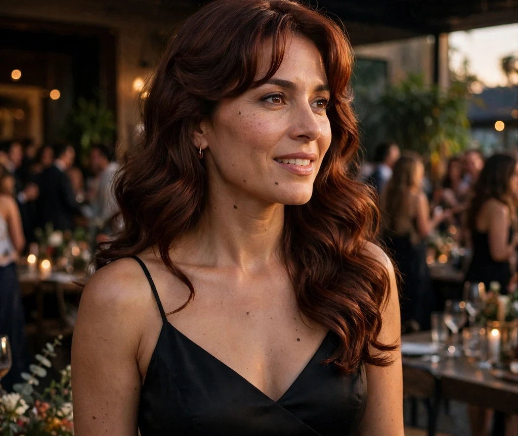 Woman with curtain bangs and loose dark auburn glam waves at an evening party