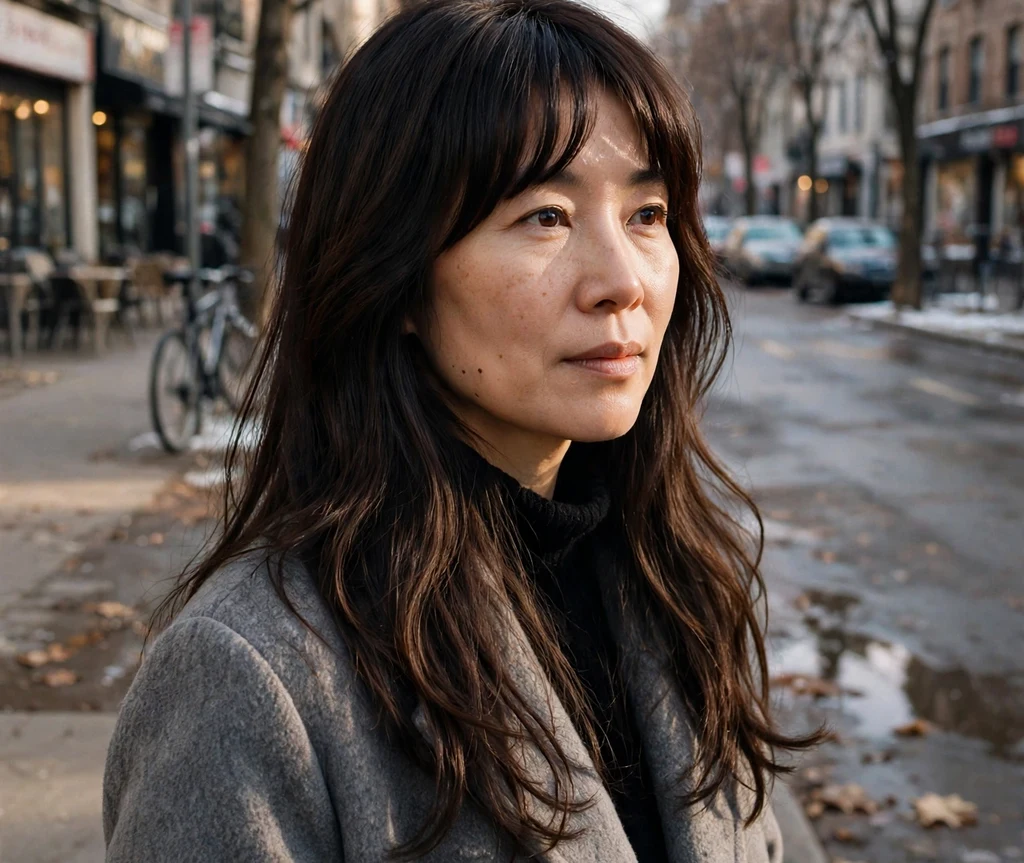 Woman with grown out curtain fringe and long dark brown hair on a winter street