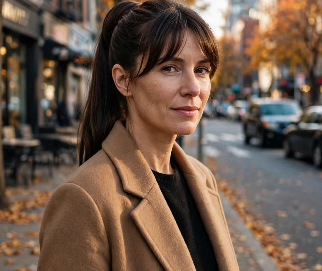 Woman with curtain bangs and a sleek wrapped dark brown high ponytail on an autumn city street
