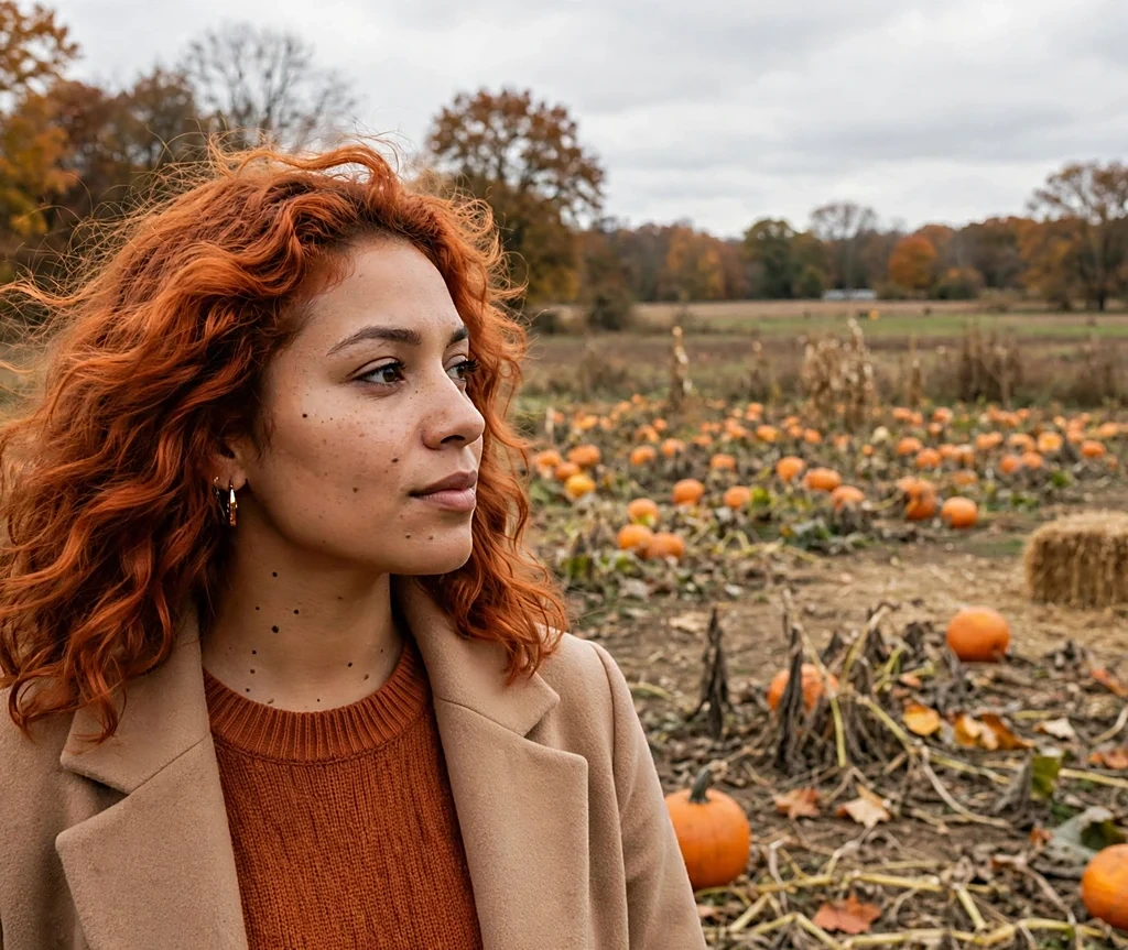 Latina woman with copper penny waves wearing a camel coat in a pumpkin patch