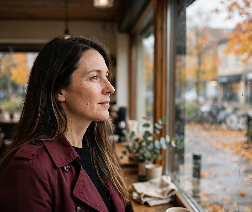 Woman with deep espresso balayage on long straight hair wearing a burgundy trench coat