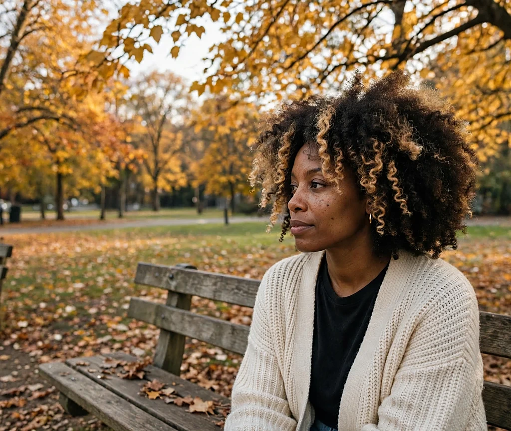 Black woman with honey-blonde money piece highlights and voluminous hair in an autumn park