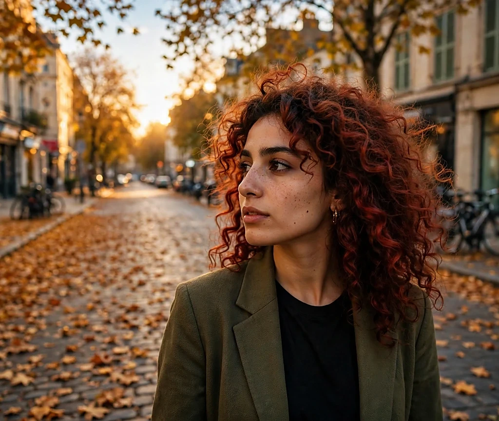 Woman with burnt auburn voluminous curls in an olive blazer at golden hour