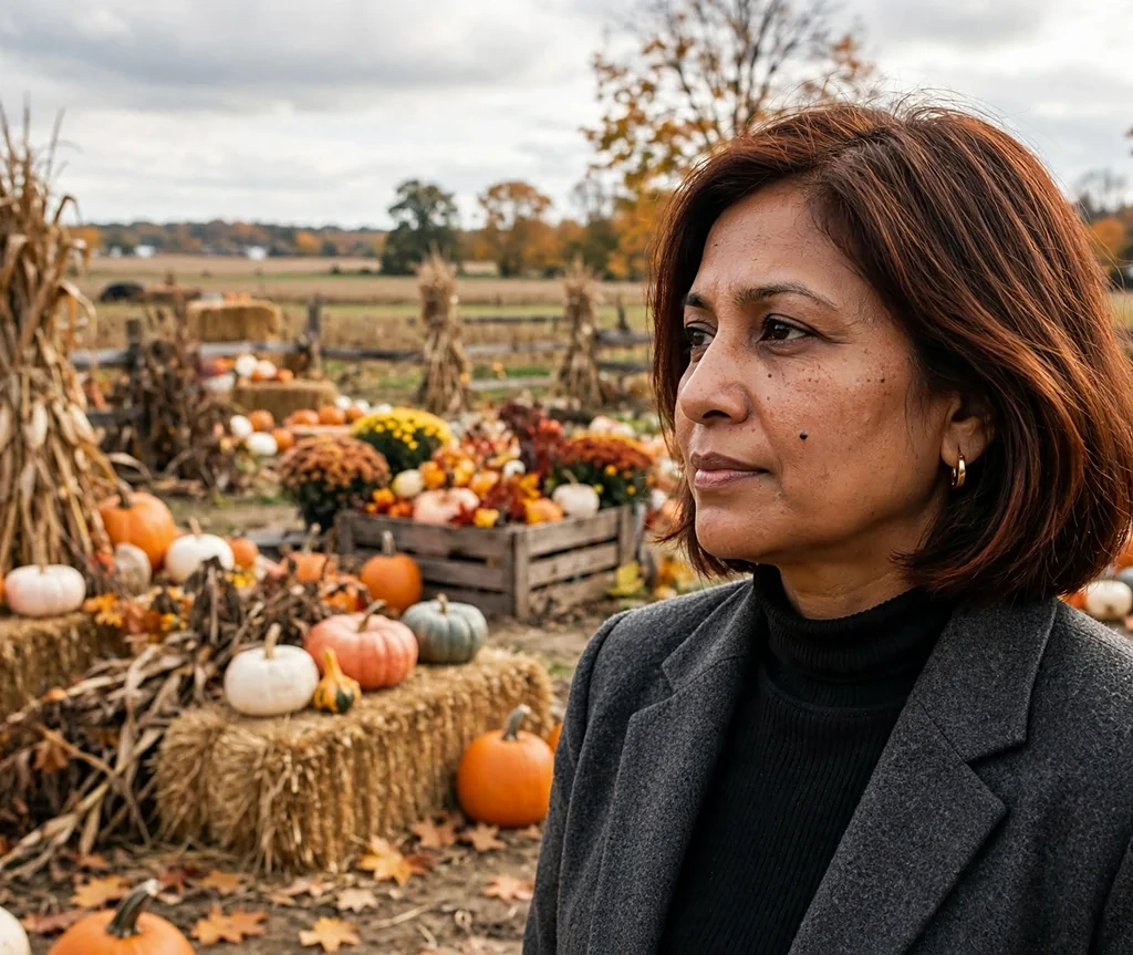South Asian woman with a chocolate chestnut bob wearing a charcoal blazer at a pumpkin farm
