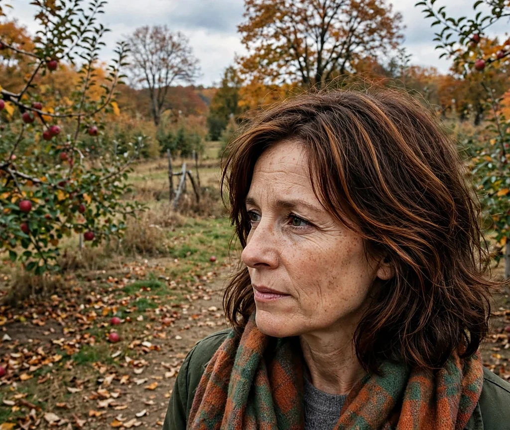 Woman with cinnamon spice highlights on a layered lob wearing a plaid flannel scarf in an orchard
