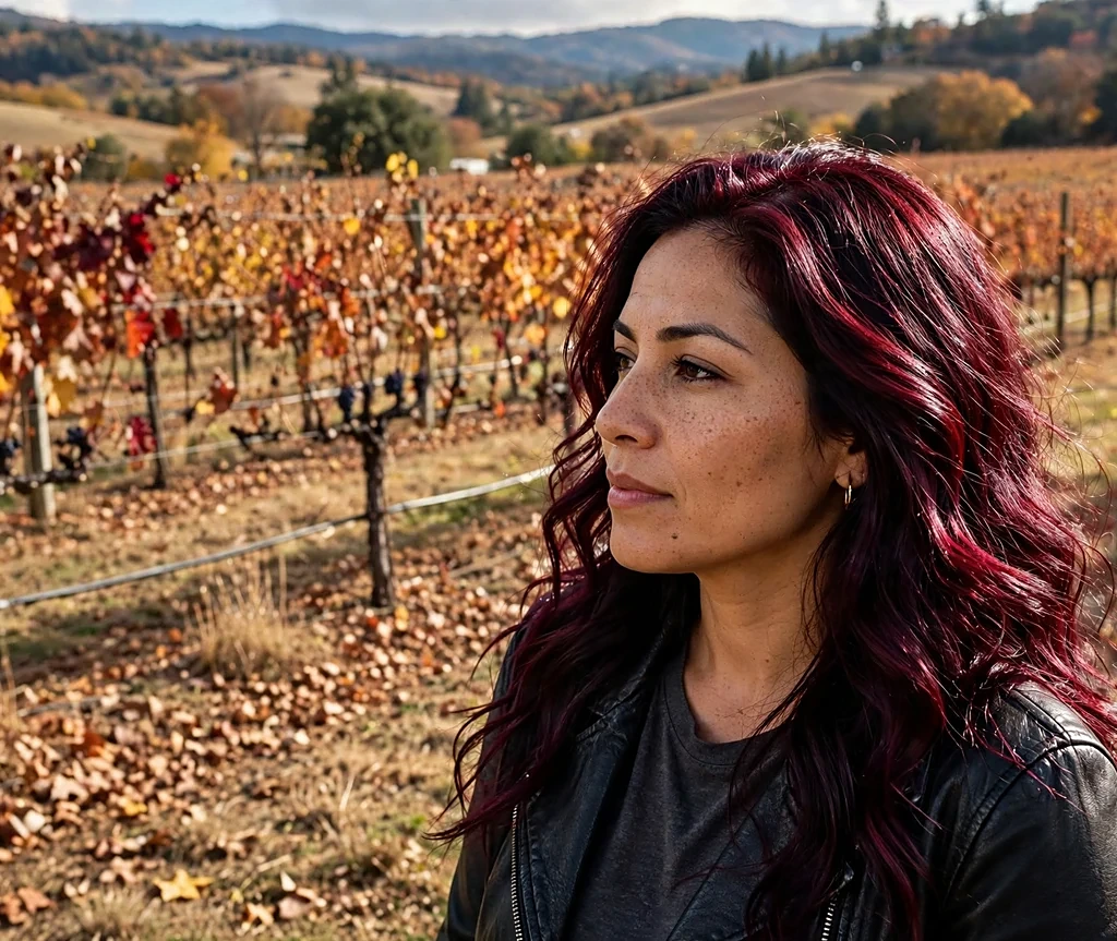 Latina woman with a burgundy wine tint on long waves wearing a black leather jacket in a fall vineyard