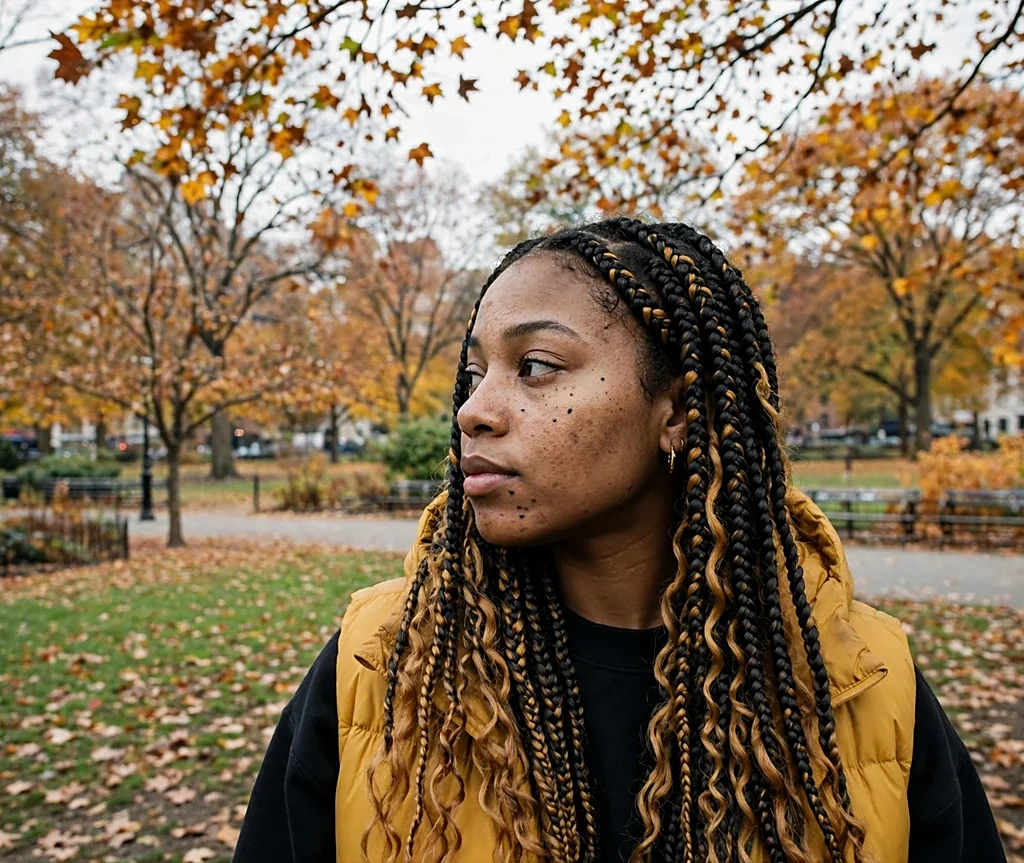 Black woman with caramel drip balayage on long braids wearing a mustard puffer vest in a city park