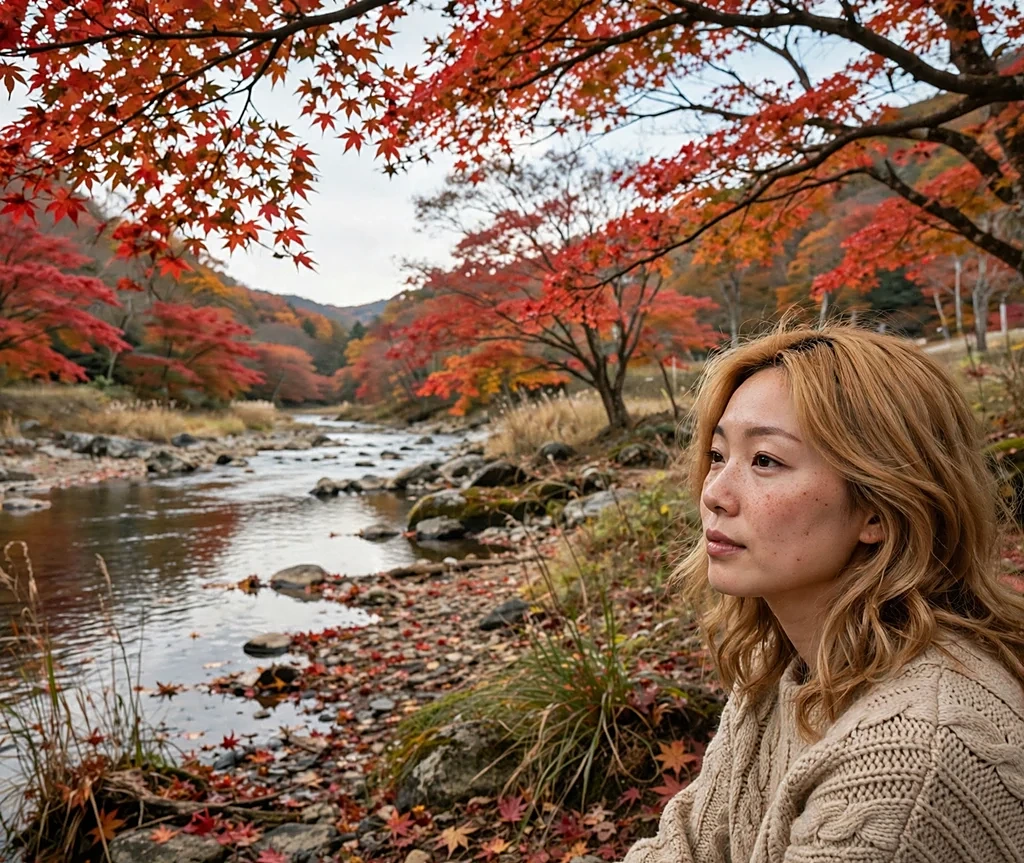 East Asian woman with golden maple bronde hair in a beige chunky knit by a riverside with red maples