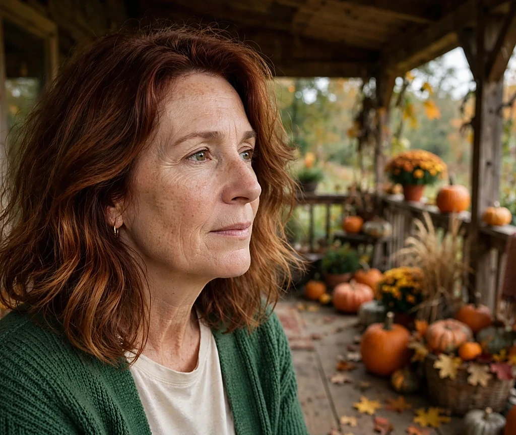 Woman with a mahogany melt on shoulder-length hair in a forest-green cardigan on a wooden porch