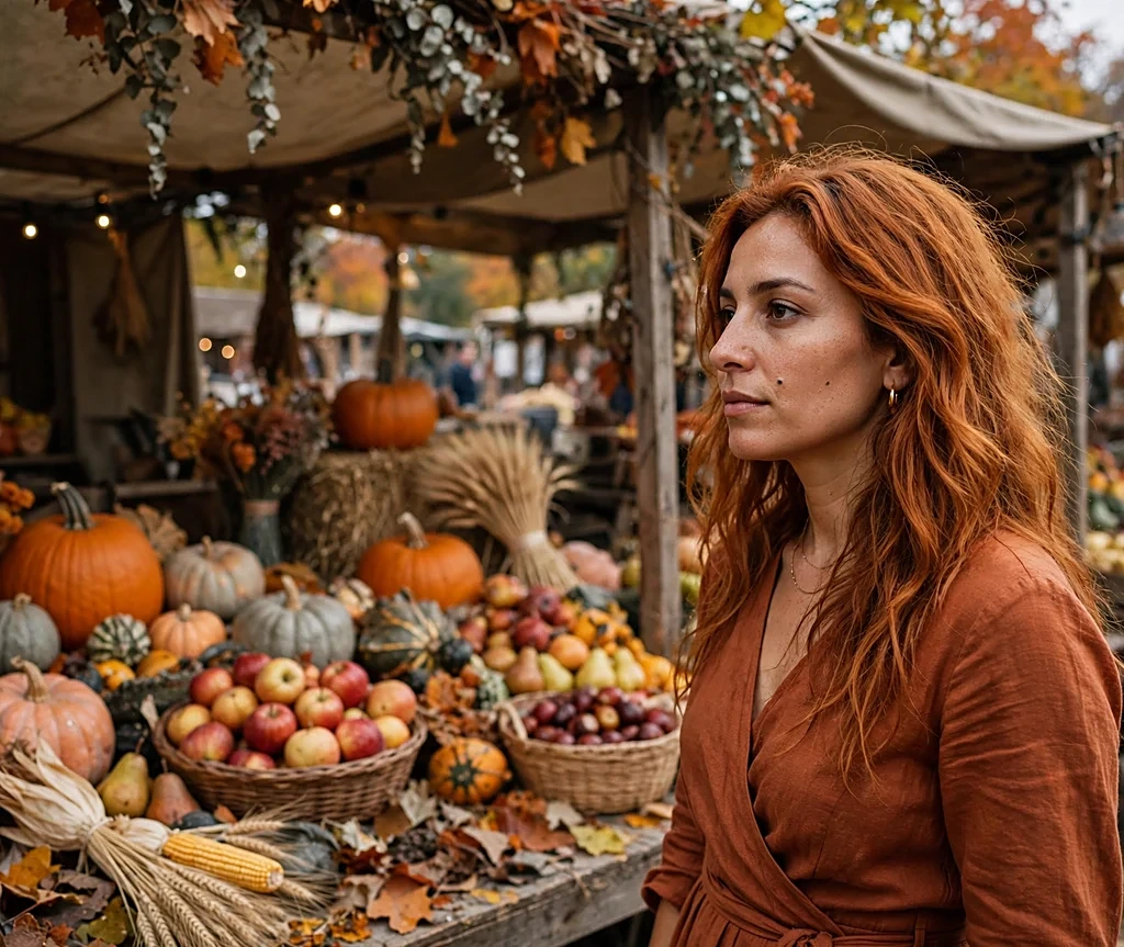 Woman with pumpkin spice copper long waves in a rust wrap dress at a harvest festival