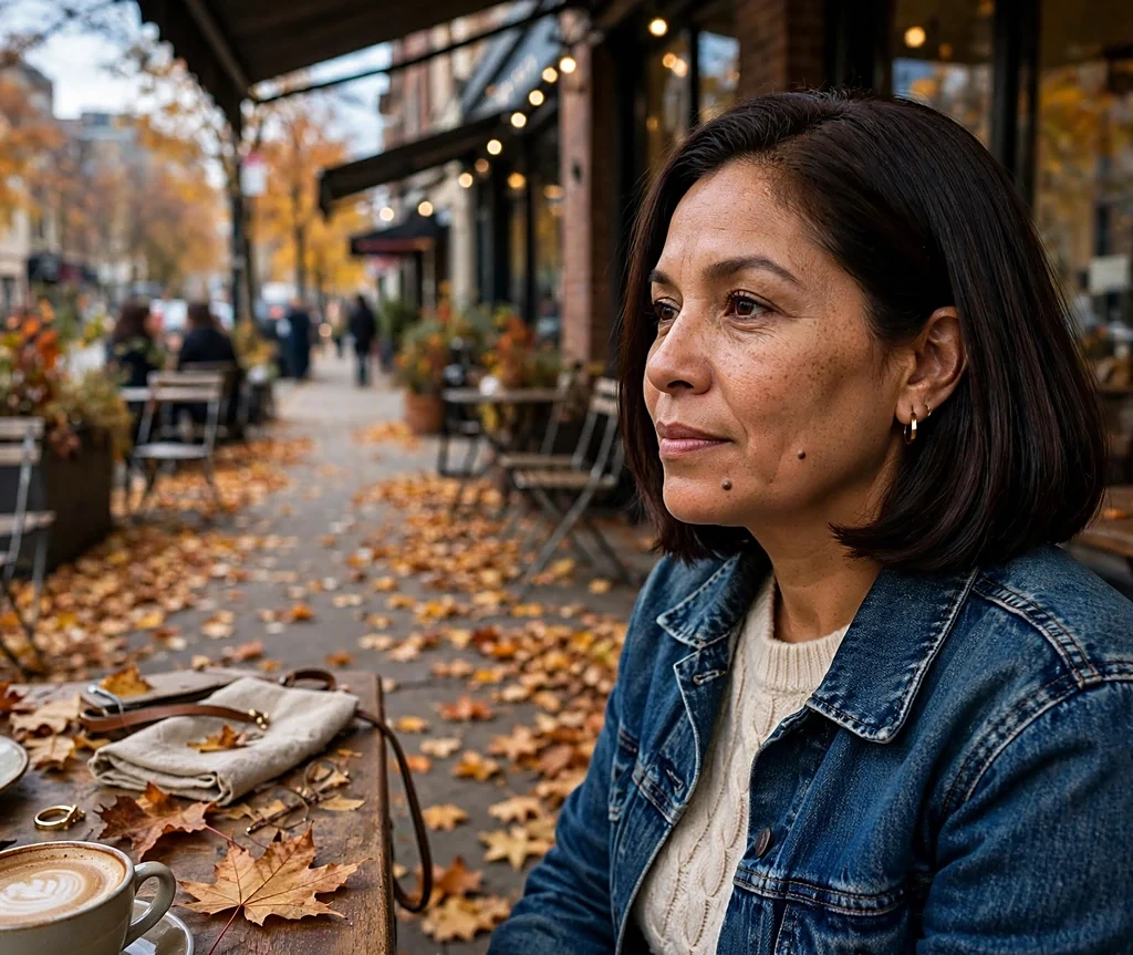 Latina woman with a dark chocolate lob wearing a denim jacket at a sidewalk cafe with fallen leaves