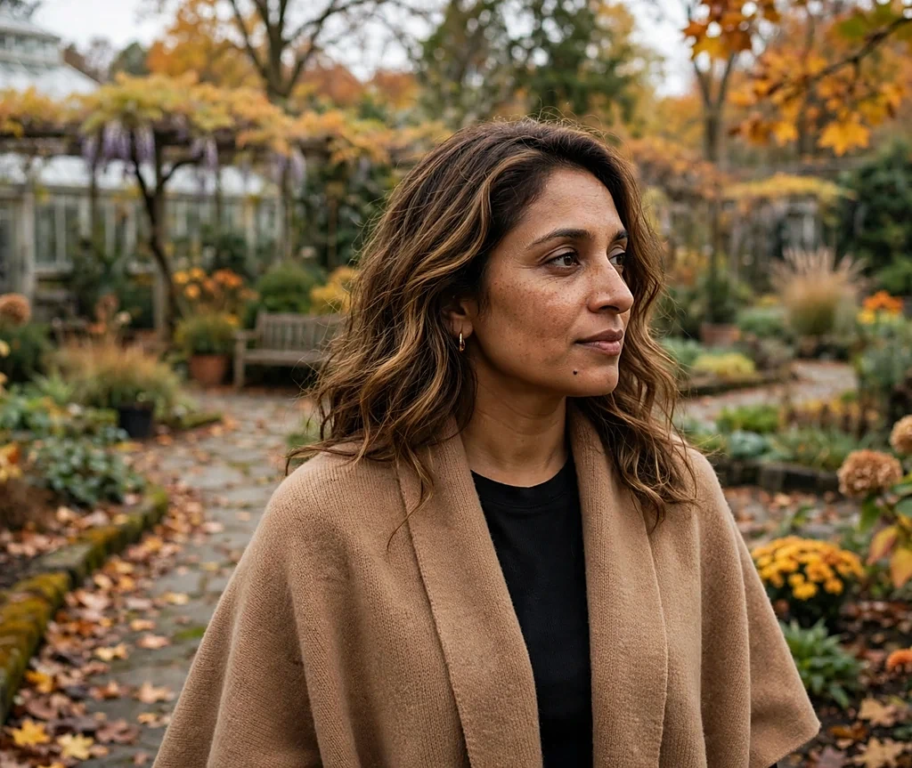 South Asian woman with toasted pecan brunette waves in a camel poncho in a botanical garden