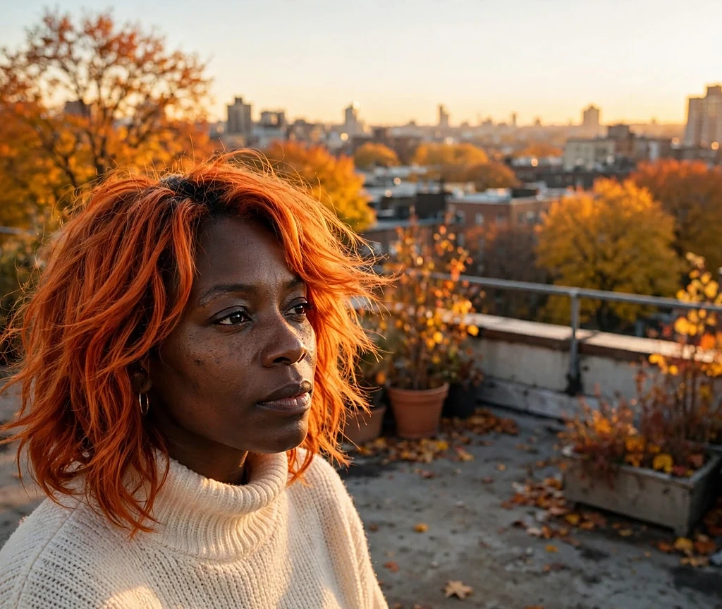 Black woman with fiery ginger layered hair in a cream turtleneck on a rooftop at golden hour
