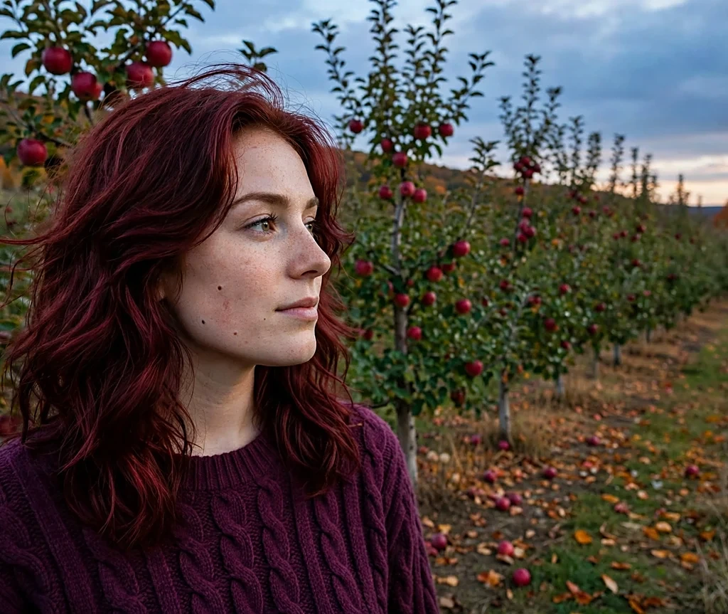 Woman with mulled wine red waves in a plum knit sweater in an apple orchard at dusk