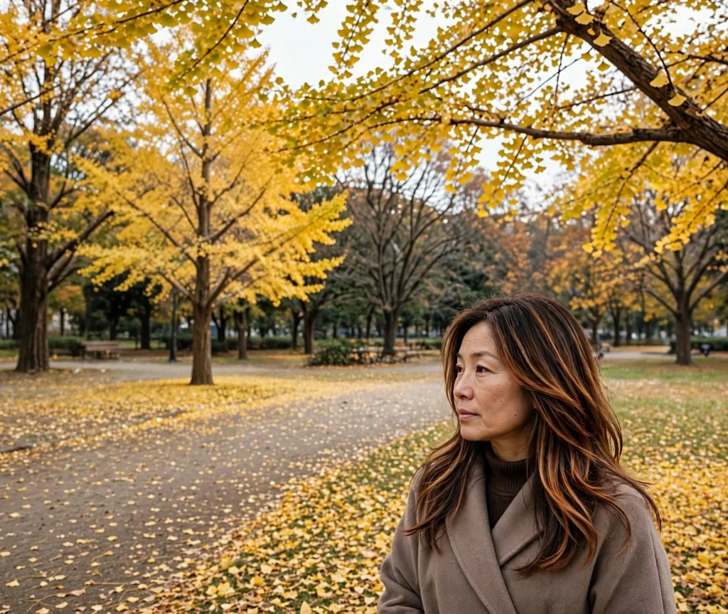 East Asian woman with amber glow balayage on long layers in a taupe wrap coat among gingko leaves