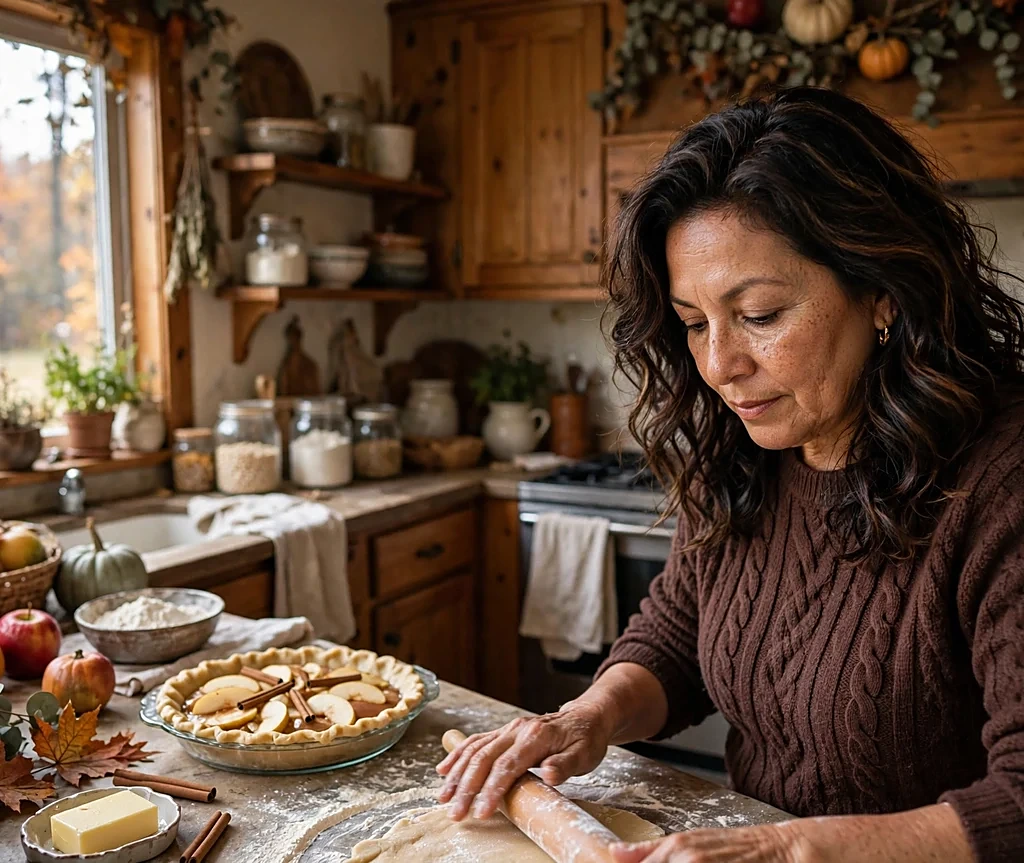 Woman with cocoa lowlights on dark waves in a chocolate-brown sweater in a home kitchen