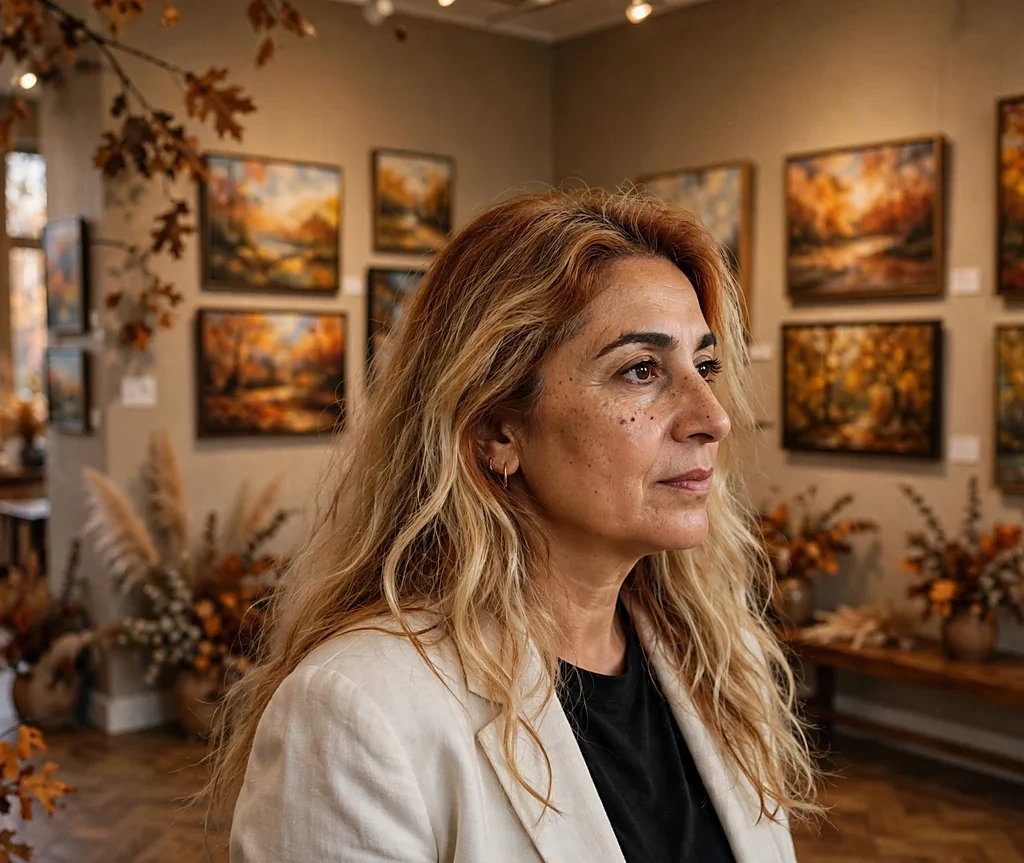Middle Eastern woman with a sienna root smudge melting into blonde lengths in an ivory blazer