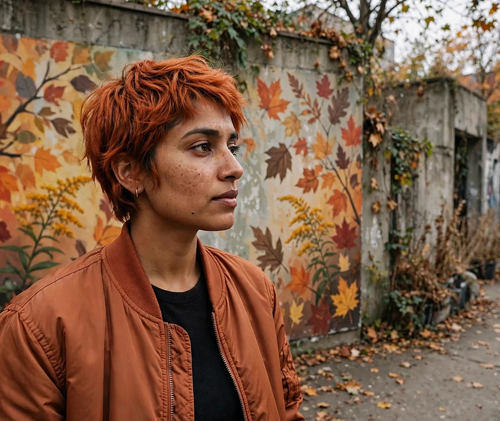 South Asian woman with a terracotta tousled pixie cut in a terracotta bomber jacket by a mural wall