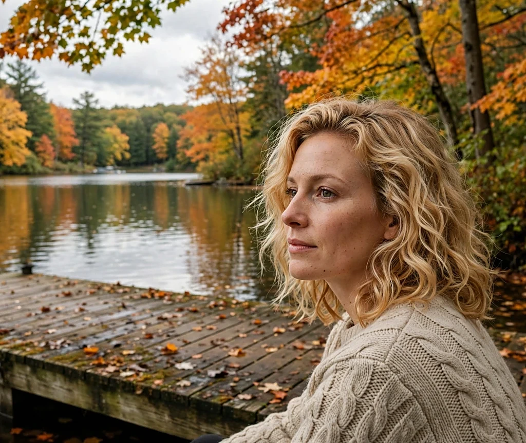 Woman with butterscotch blonde waves in an oatmeal fisherman sweater on a lakeside dock in autumn