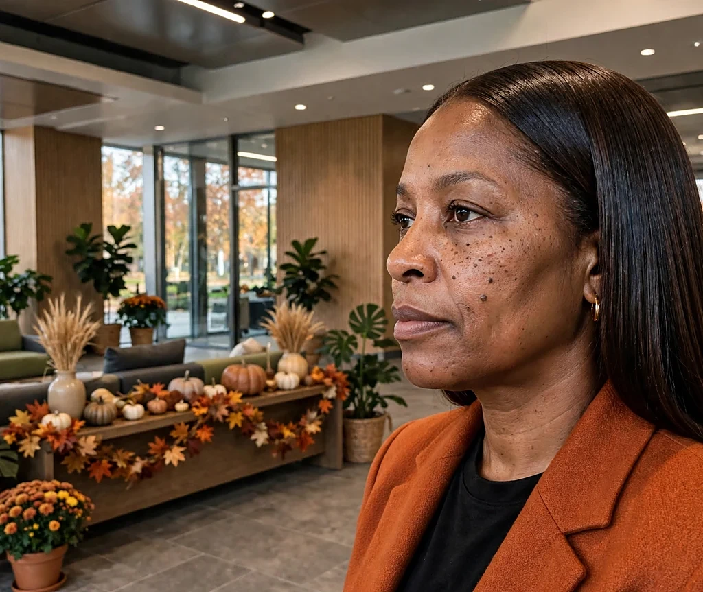 Black woman with glossy espresso glaze on sleek straight hair in a burnt-orange blazer