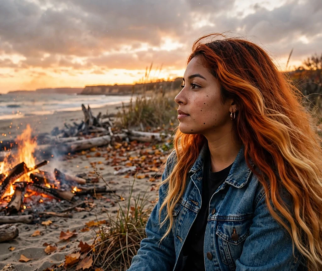 Latina woman with autumn sunset ombre from copper to gold in a denim jacket at a beach bonfire