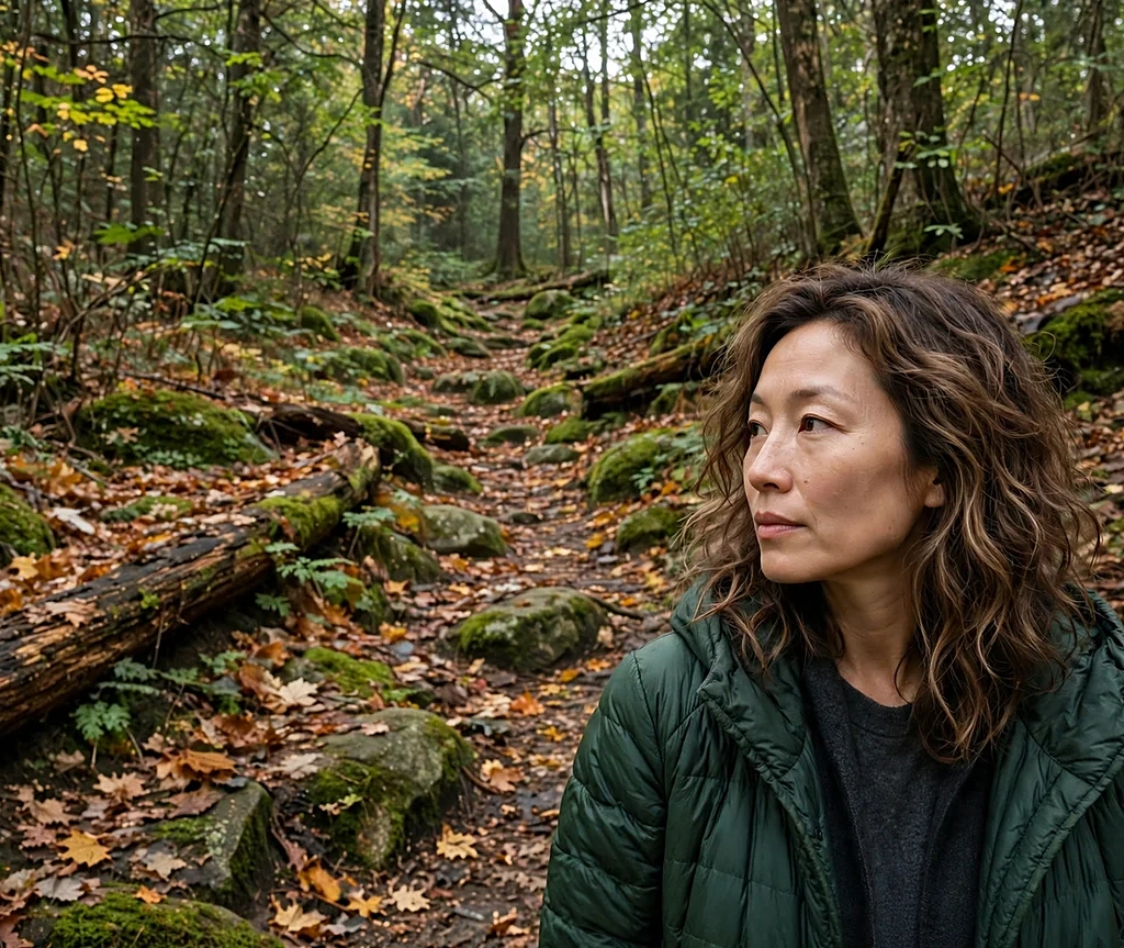 East Asian woman with rich mocha waves in a deep-green coat on a forest trail