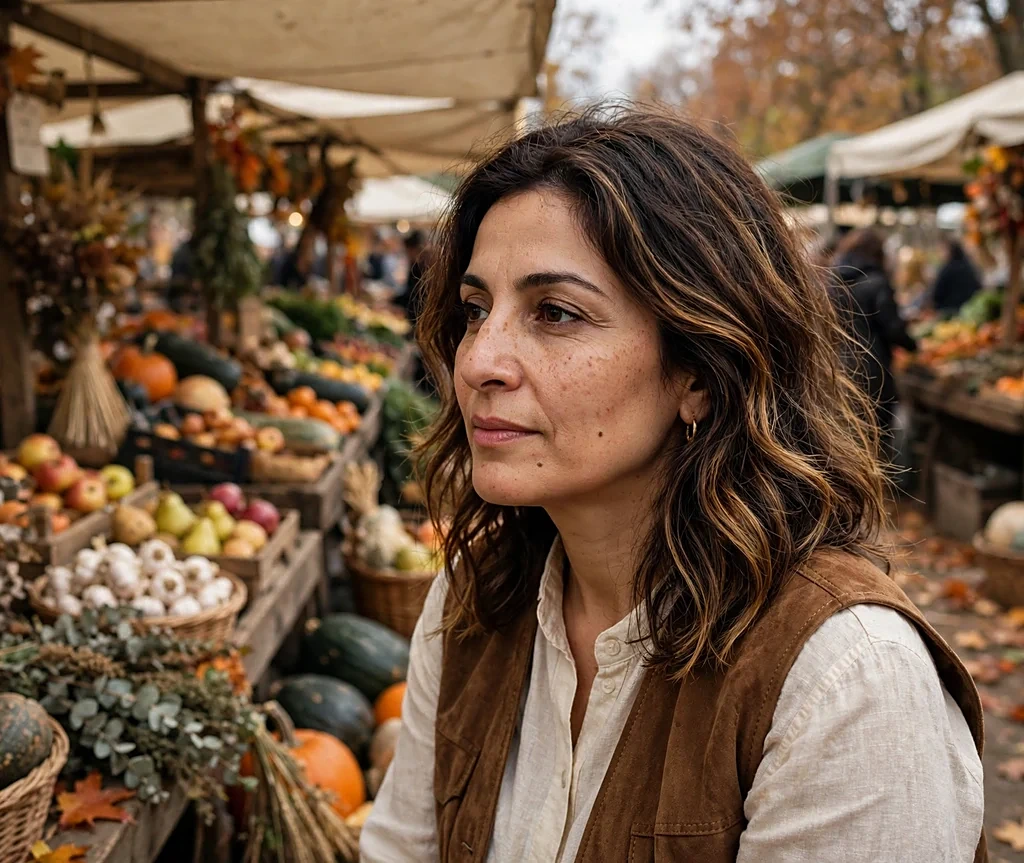 Middle Eastern woman with spiced honey brunette balayage in a cream blouse at a farmer's market