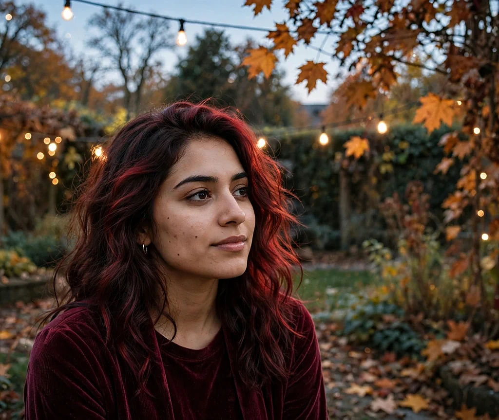 South Asian woman with deep cherry cola red waves in a maroon velvet top in an evening garden