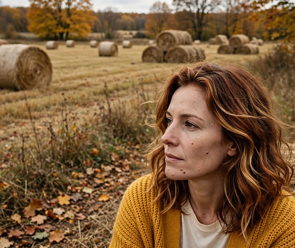 Woman with caramelized auburn balayage in a mustard cardigan in a hay field