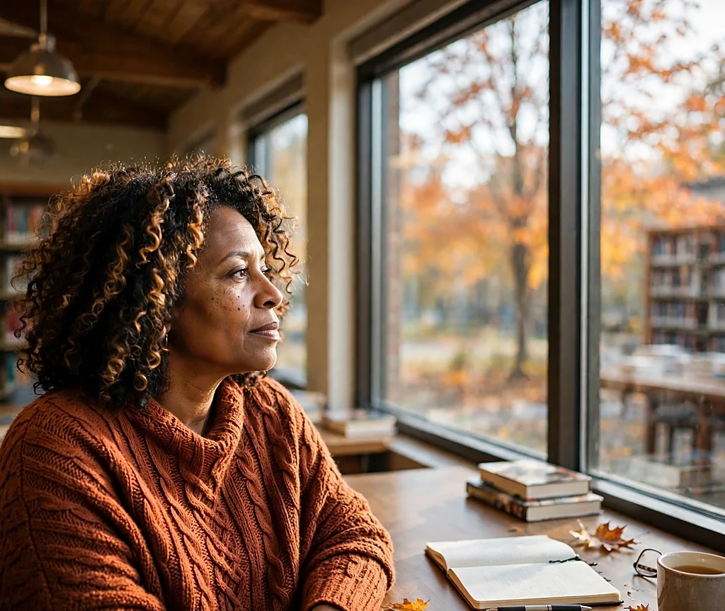 Woman with warm hazelnut highlights on natural curls in a rust knit poncho by a library window