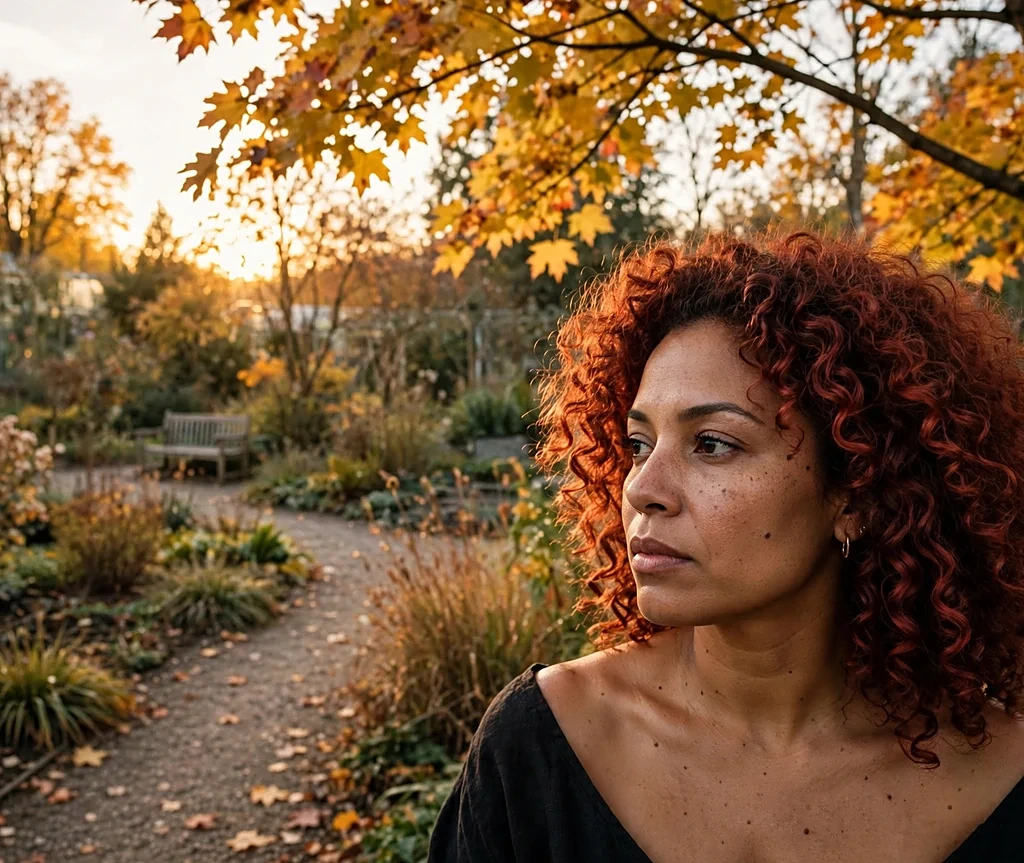 Latina woman with ruby copper curls in a black off-shoulder top in a botanical garden at golden hour