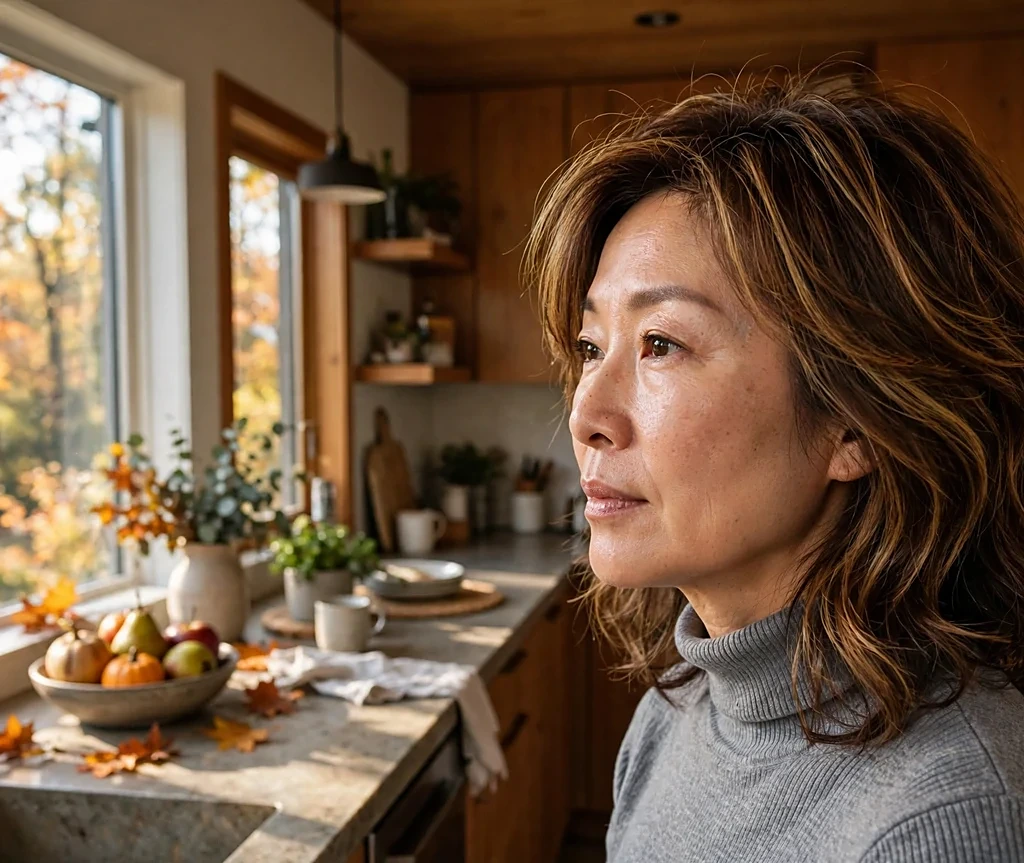 East Asian woman with bronzed chocolate layered hair in a grey turtleneck in a modern kitchen