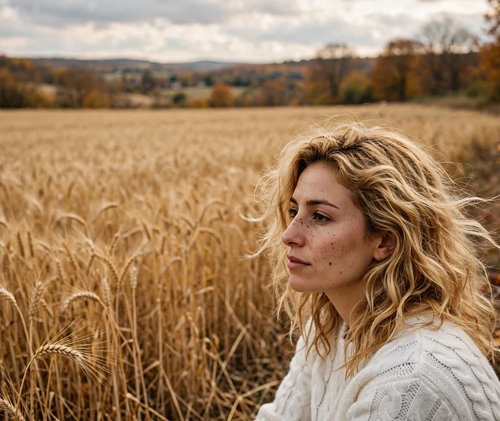 Middle Eastern woman with harvest gold blonde waves in a white cable-knit sweater in a wheat field