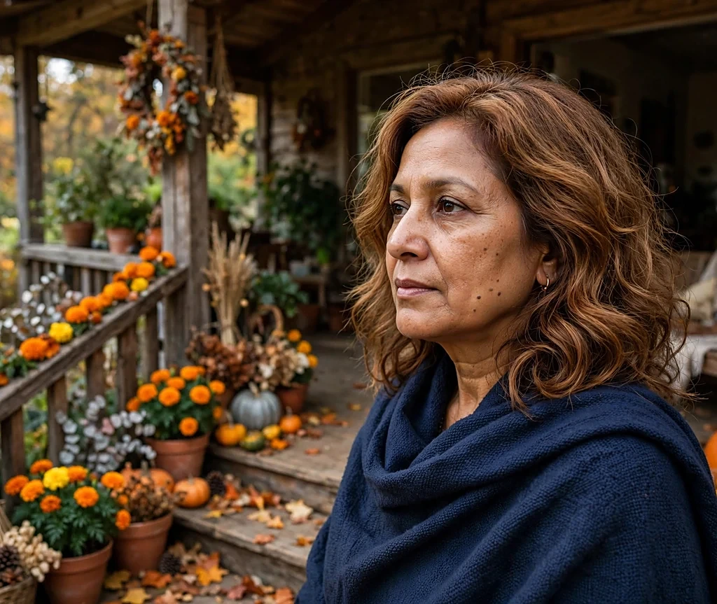 South Asian woman with burnished bronze waves in a navy shawl on a veranda with marigolds