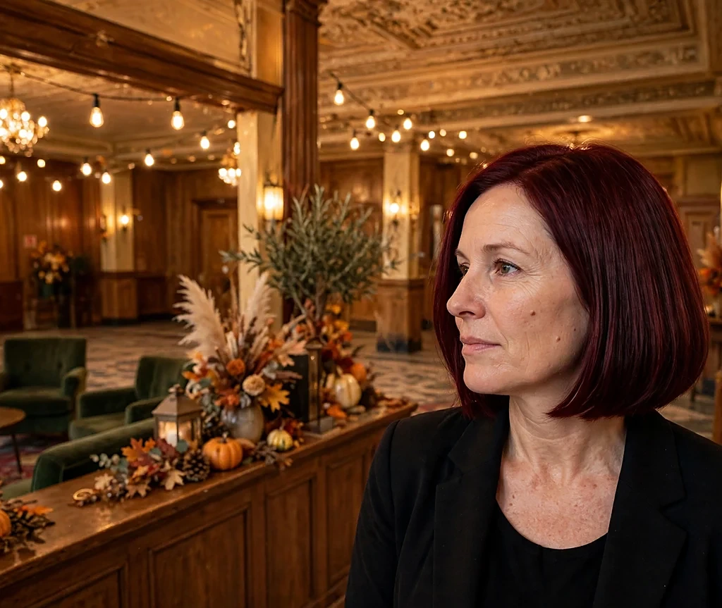 Woman with a velvet burgundy bob in a black blazer in a warmly lit theatre lobby