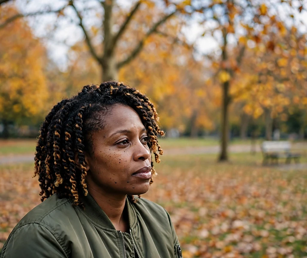 Black woman with toffee crunch balayage on twists in an olive bomber jacket in an autumn park