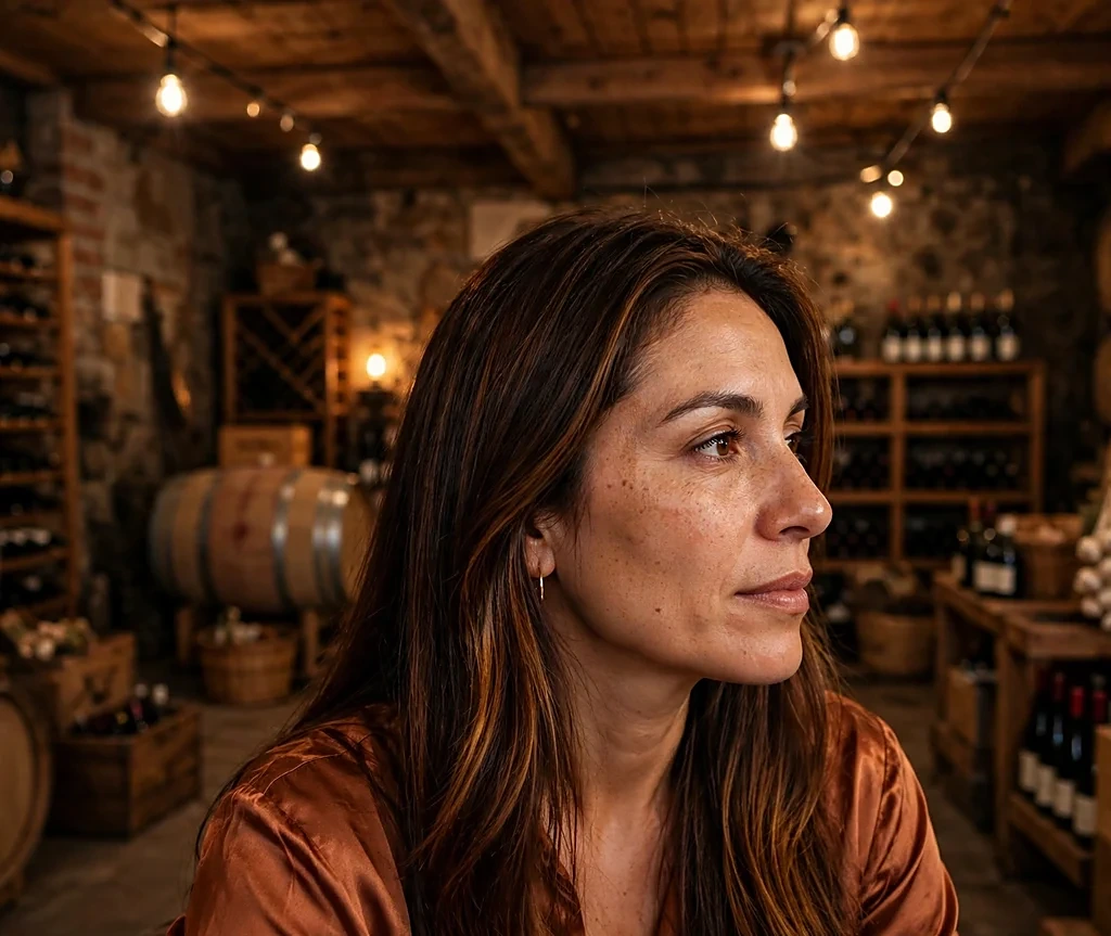Latina woman with dark amber shine on long sleek hair in a copper silk blouse in a wine cellar