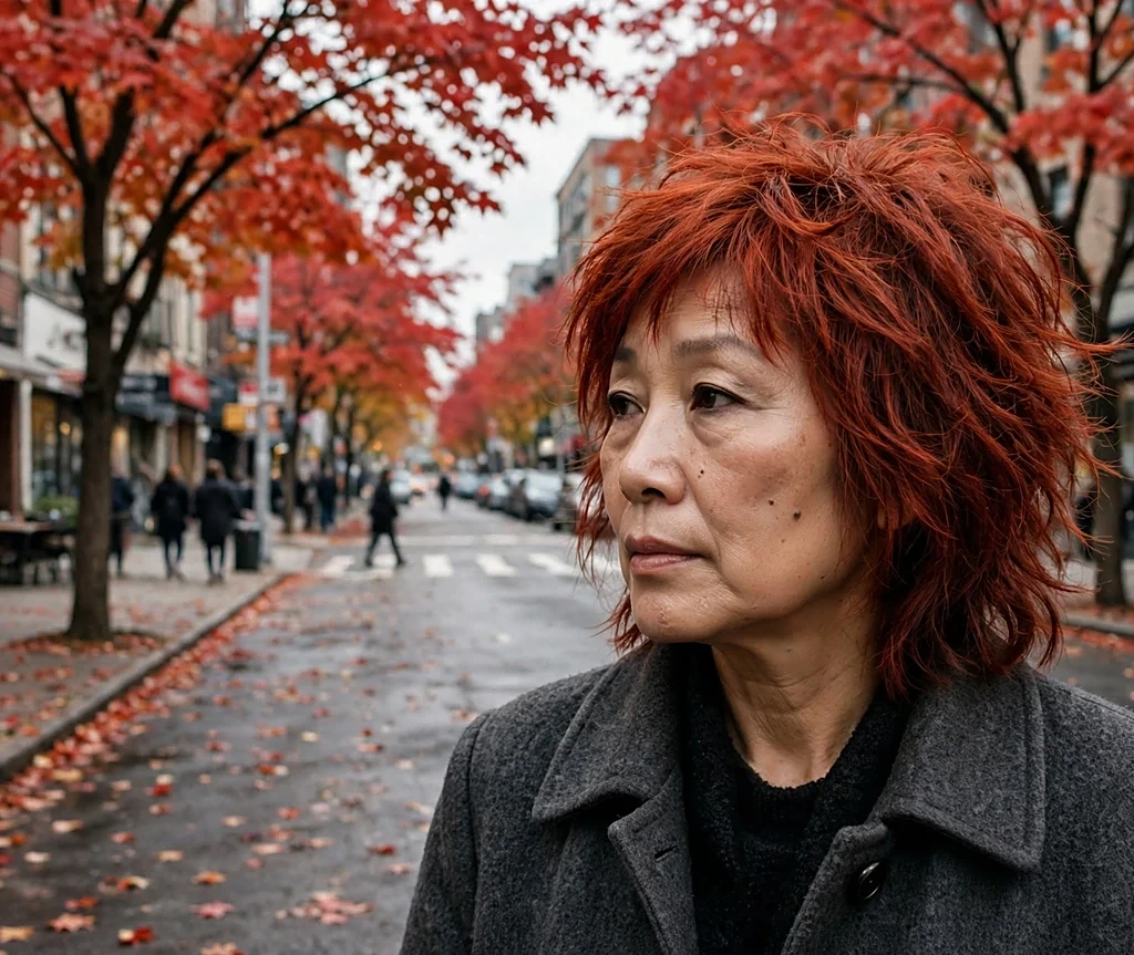 East Asian woman with a paprika red layered shag in a charcoal coat on a city street with red maples