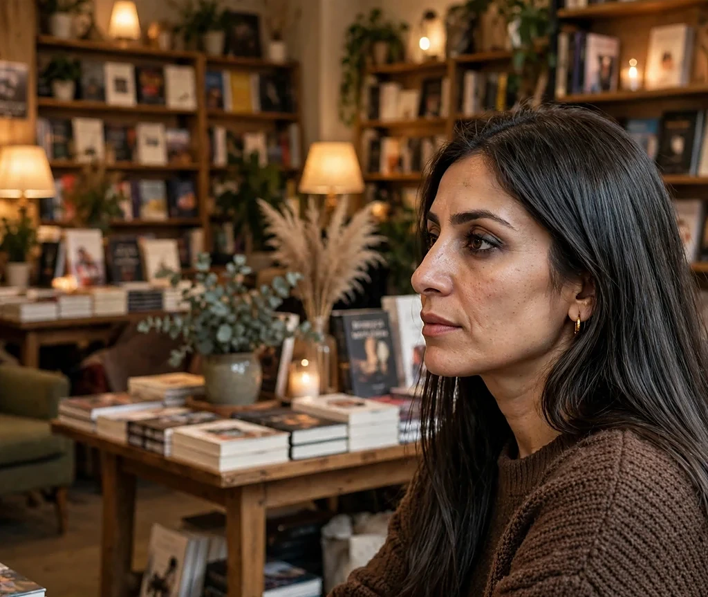 Middle Eastern woman with smoky espresso shine on long straight hair in an espresso-brown sweater in a bookstore