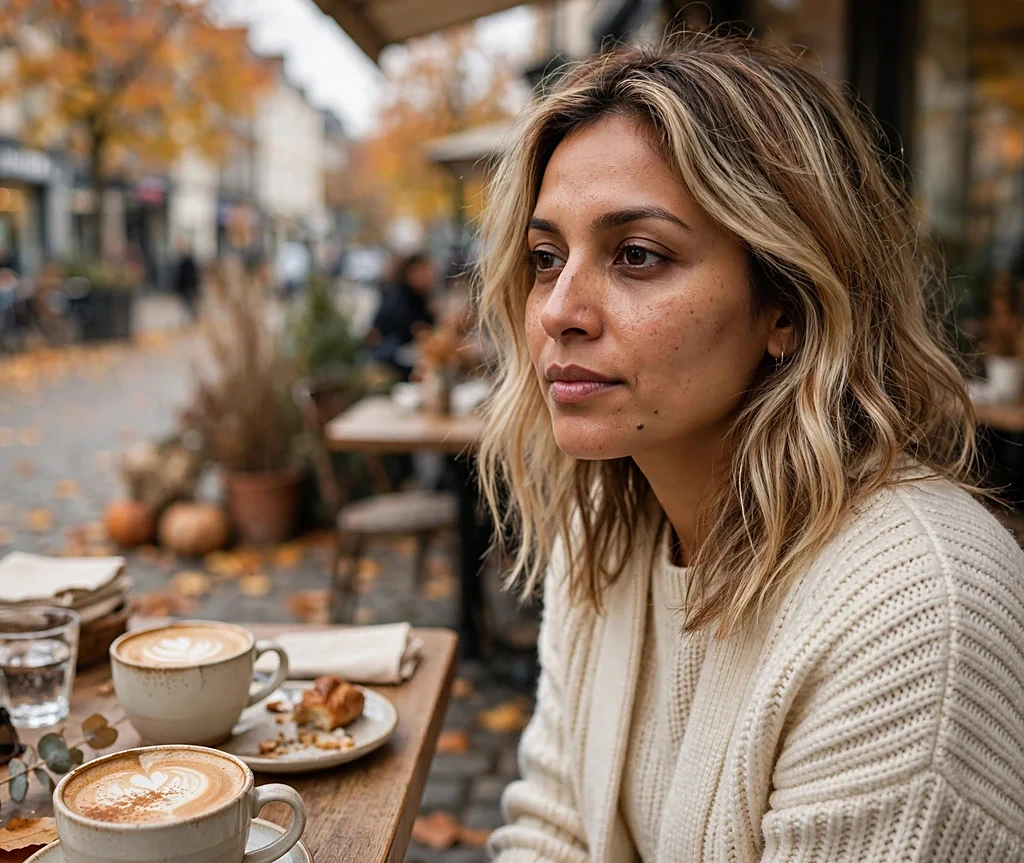 South Asian woman with chai latte blonde balayage in a cream knit set at a cafe