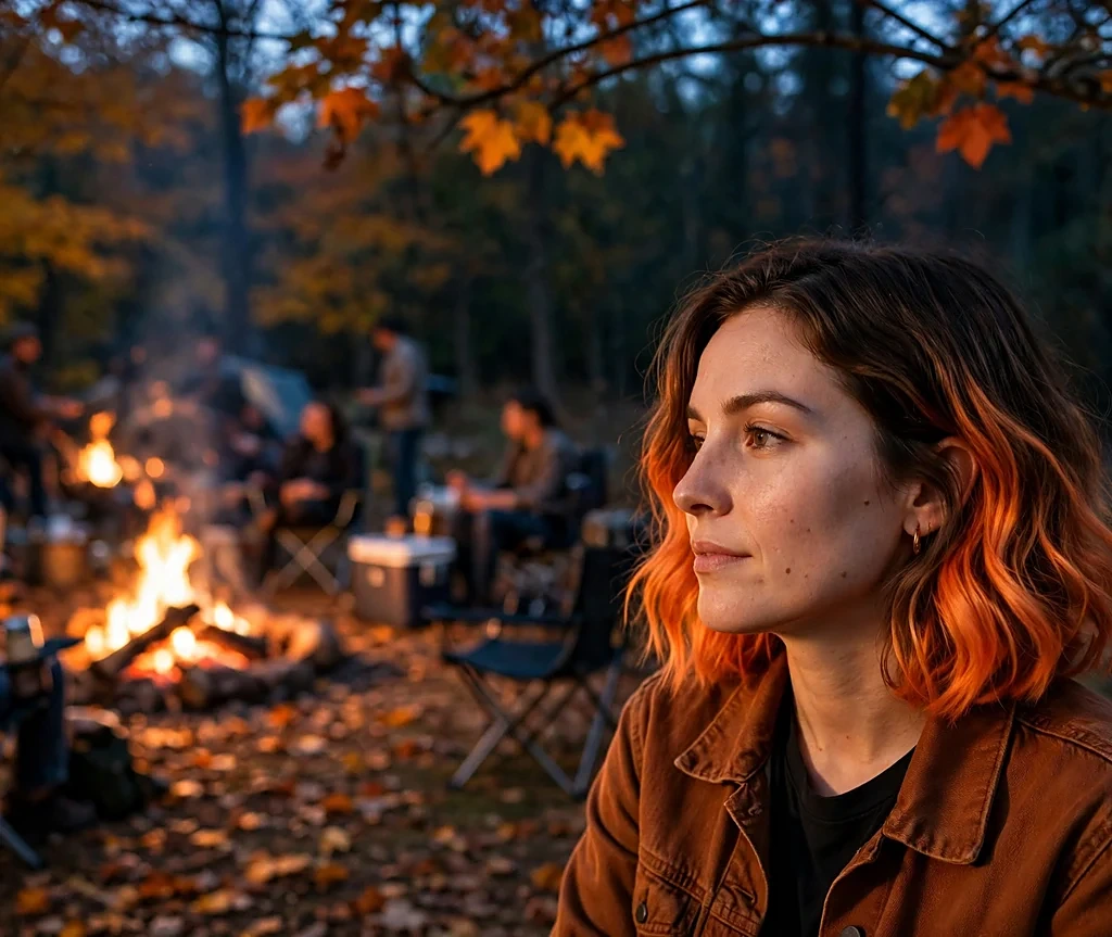 Woman with an ember orange melt on a wavy lob in a rust denim jacket at a bonfire gathering