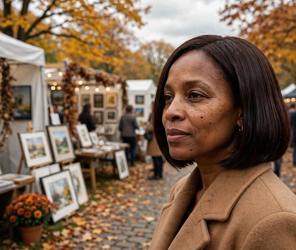 Black woman with a truffle brown bob with high gloss in a camel coat at an outdoor art fair