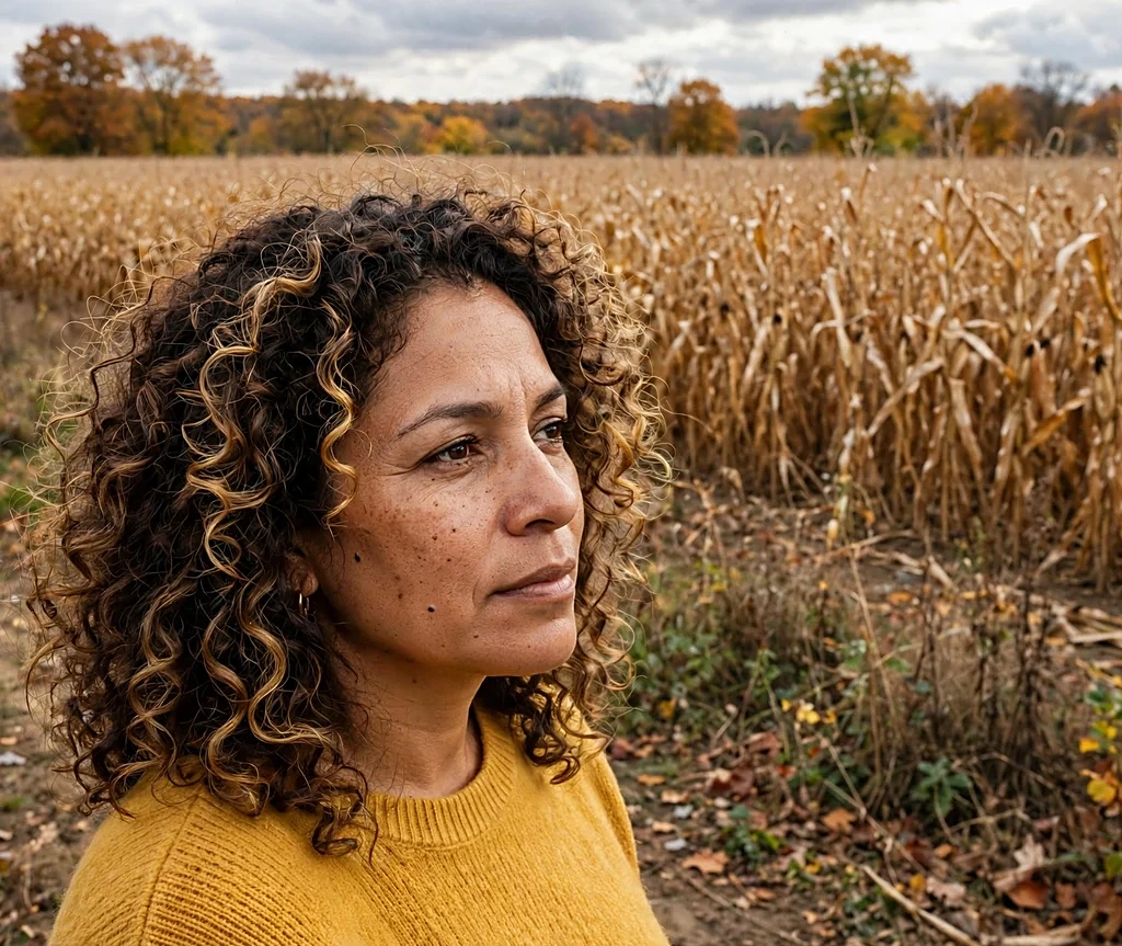 Latina woman with golden acorn balayage on curls in a goldenrod sweater at a cornfield edge
